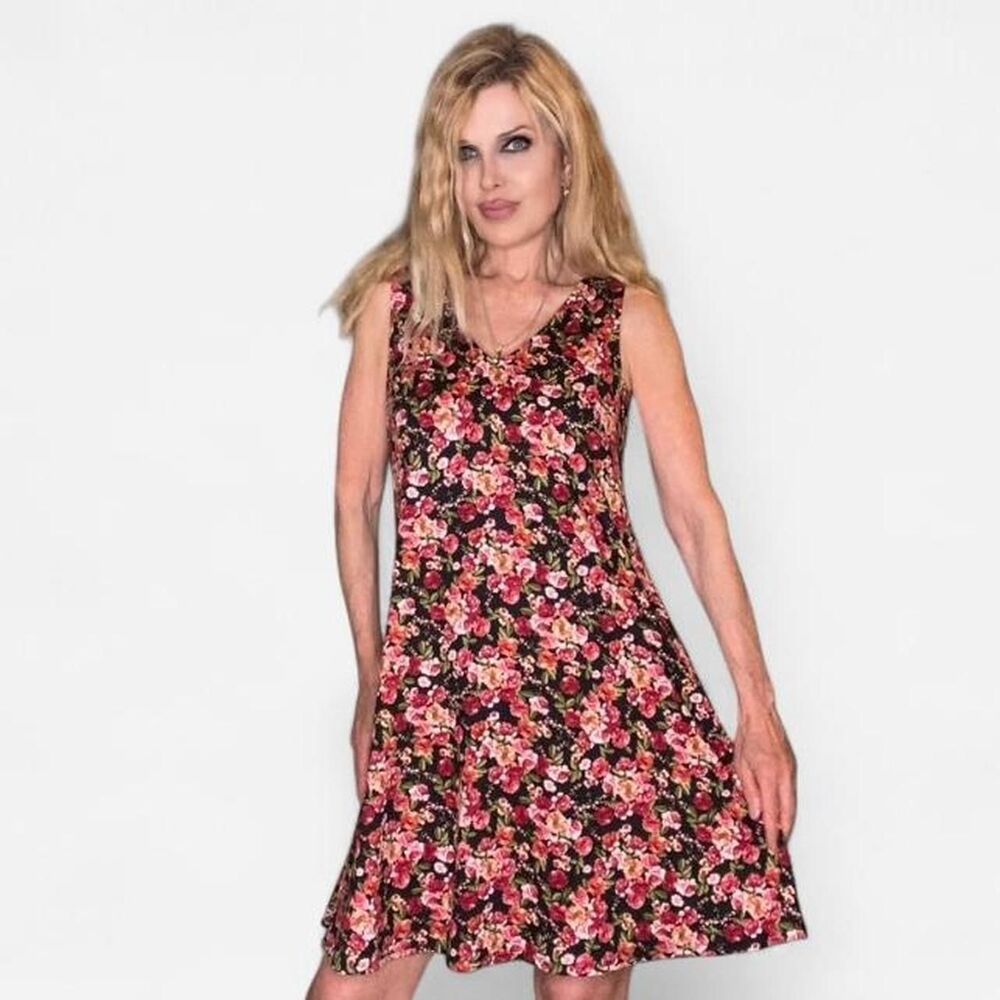 BCX A-Line Floral Pink & Black Summer Dress L